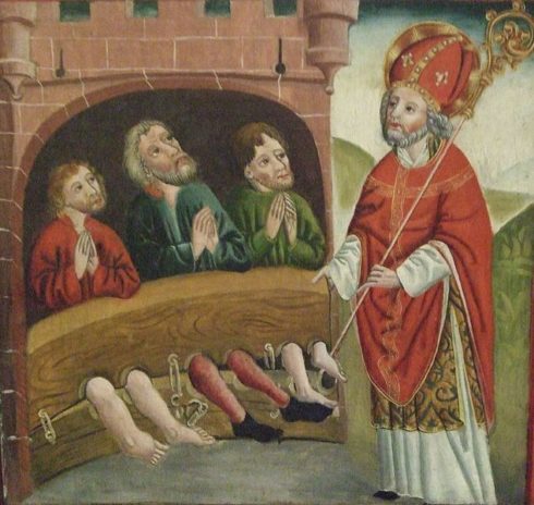St. Nicholas saves the lives of three innocent knights who were to be beheaded by order of the Emperor.