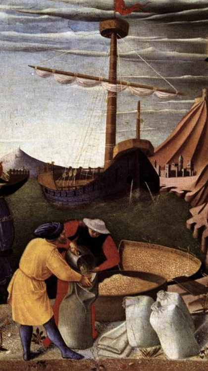 The wheat, which was requested by St. Nicholas, is being loaded into the ship.