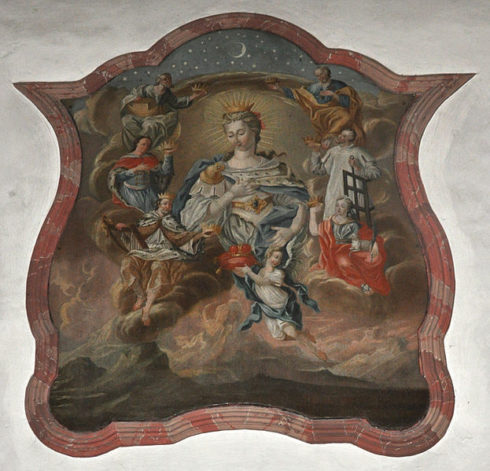 Painting in Ravensburg, showing various Saints, including St. Agnes, presenting their crowns to Mary, Queen of Heaven.