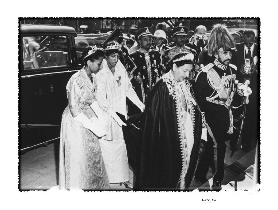 The Emperor and Empress arrive at the Cathedral of St. George to celebrate their Silver Jubilee The Empress is attended by her granddaughters, Princess Aida Desta and Princess Seble Desta.