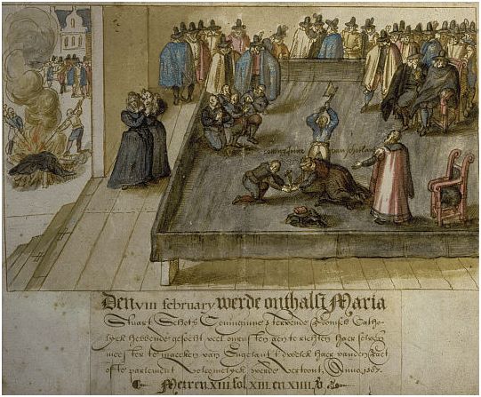 This 1613 watercolor in the National Portrait Gallery of Scotland, of the beheading of Mary, Queen of Scots, was made for a Dutch magistrate.  The [watercolor] picture does reflect eye witness accounts of the event. Queen Mary was not beheaded with a single strike. The first blow missed her neck and struck the back of her head. The second blow severed the neck, except for a small bit of sinew, which the executioner cut through using the axe. All of her clothing, the block, and everything touched by her blood were burnt to prevent supporters keeping them as relics. This scene is shown on the far left.