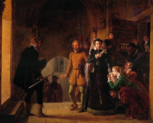 Mary, Queen of Scots is being taken to the place of execution and separated from the faithful followers who had shared her imprisonment. Painting by Pierre Révoil.