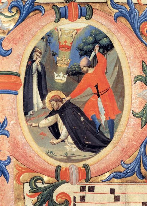 A painted illumination in a 1430 missal by Bl. Fra Angelico, depicting the martyrdom of St. Peter of Verona.