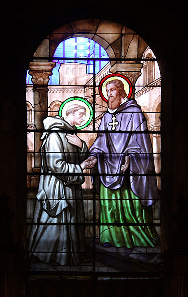 Saint Hugh, bishop of Grenoble, receiving St. Bruno, founder of the Carthusian order. The seven stars represent Saint Hugh's dream, telling him where to guide Bruno and his six companions in order to found the Grande Chartreuse monastery.