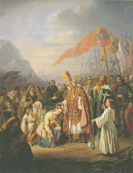 St. Henry, Bishop of Upsala, baptizes the Finns at the spring of Kuppis, close to Turku. The monarch pictured here is King Eric the Saint of Sweden. Painting by R.W. Ekman.