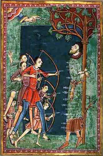 From a medieval manuscript depicting the Martyrdom of St. Edmund.