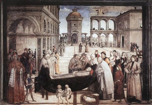 Death of St. Bernardine: Fresco Cappella Bufalini, Santa Maria in Aracoeli, Rome, painted by Pinturicchio.