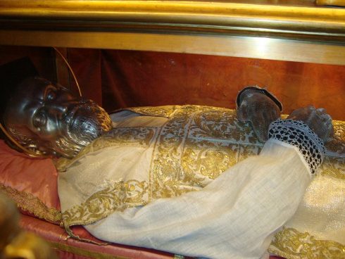 The incorrupt body of St. Philip in n Santa Maria in Valicella. No bones were ever taken and the only first class relic of him is a flake of skin. His face suffered slightly, was covered with a silver mask, which St. Philip prophesied before his death.