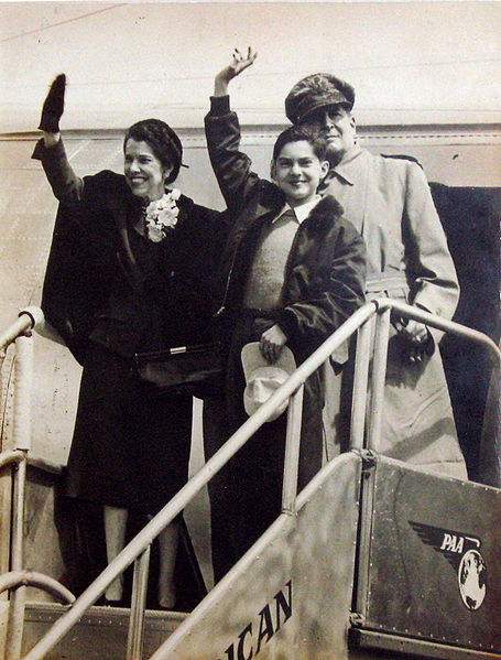 General Douglas MacArthur, his wife, and his son, returning to the Philippines in 1950 for a visit.