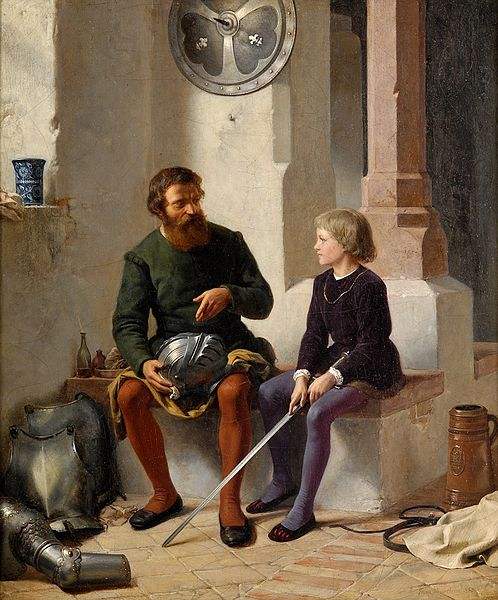 Knight and page. Painting by Franz Eduard Meyerheim