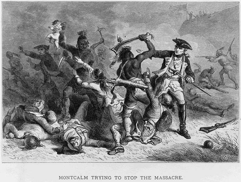 Marquis Louis-Joseph de Montcalm trying to stop Indians from attacking British soldiers and civilians as they leave Fort William Henry at the Battle of Fort William Henry.