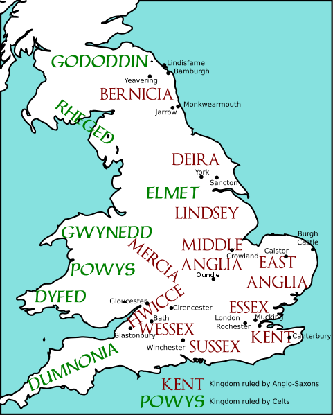 Map of England and Wales, showing Anglo-Saxon and Celtic kingdoms as of c. 600. The kingdom of East Anglia during the early Saxon period
