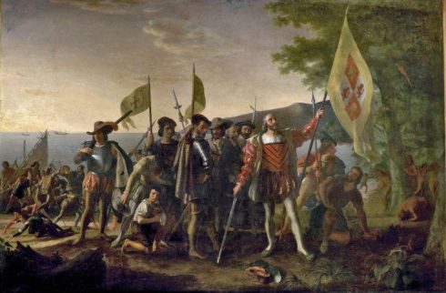 Christopher Columbus is shown landing in the West Indies. Painting by John Vanderlyn
