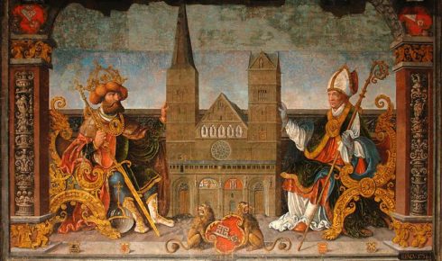 Fresco in the Townhall in Bremen, symbolically showing the creation and transferring of the diocese of Bremen, to Bishop of Bremen, St. Willehad by the Emperor Charlemagne. The diocese, a model of the Bremen Cathedral, in its form of 1532, is located between the two. Photo by Godewind