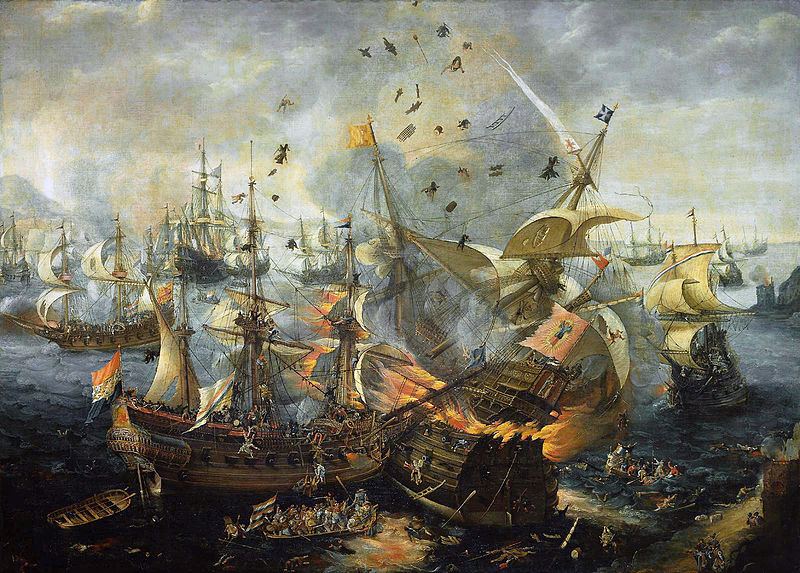 The explosion of the Spanish flagship during the Battle of Gibraltar, 25 April 1607.