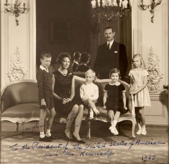 The Hereditary Grand Duke and the Hereditary Grand Duchess of Luxembourg with their children. The photograph was given as a gift to President John F. Kennedy and his wife Jacqueline by the Grand Duchess of Luxembourg