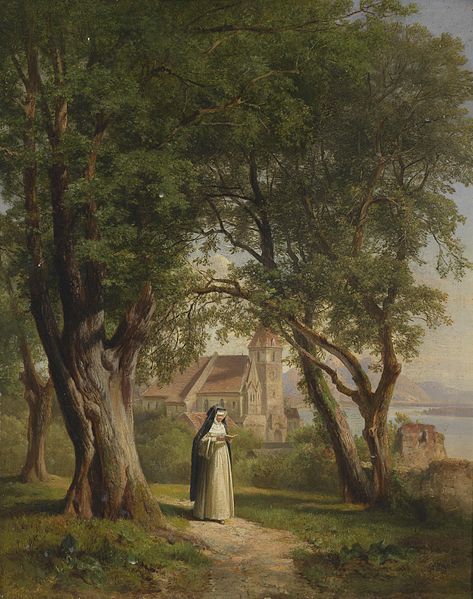 A nun in the Monastery gardens, painted by Anton Hansch.