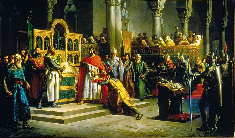 Painting by Marcos Giráldez de Acosta. Alfonso VI, king of Castile and Leon, swearing in the church of Santa Gadea de Burgos, before Rodrigo Diaz de Vivar.