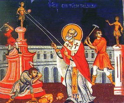 St. Aemilianus destroyed many pagan idols and temples. Here he is shown using ropes to pull down a pagan idol, while his followers are breaking them up with picks and axes.