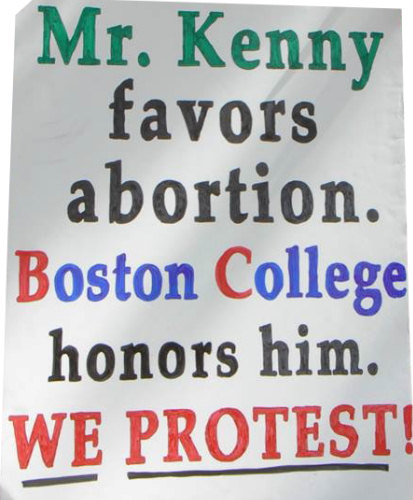 Protest sign against Catholic Boston College who granted Irish Prime Minister Enda Kenny, who promotes abortion on demand in Ireland, an honorary degree and a platform at its commencement ceremonies on May 20, 2013.