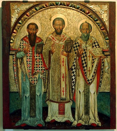 The Fathers of the Church: Saint Basil of Caesarea, Saint John Chrysostom, Saint Gregorius I Magnus - an icon of 17th cent. from Lipie, Historic Museum in Sanok, Poland