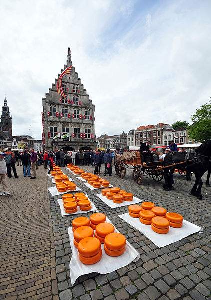 Cheese market in Gouda, cheese and a brig with Friesian horses for transporting the cheese. Photo by Ralf Roletschek.