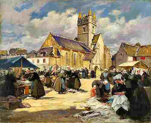 Market in Quimper, France. Painting by Henri Alphonse Barnoin