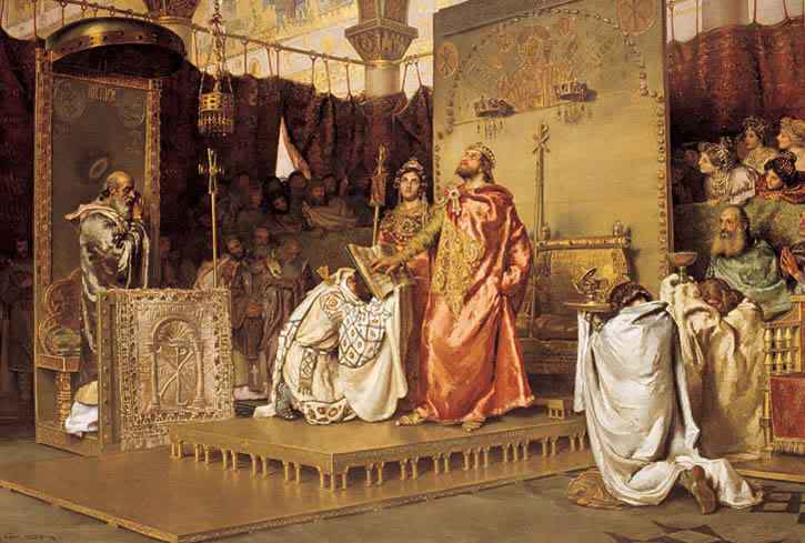 King Leovigild rejects Arianism and embraces the true faith in front of Saint Leander.