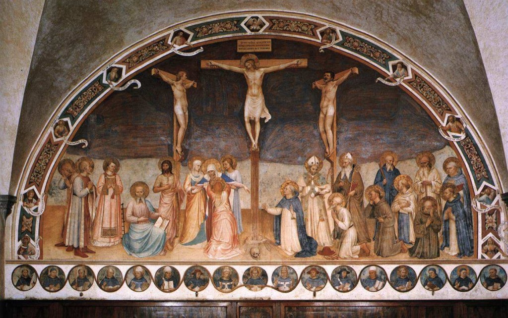 The Crucifixion by Bl. Fra Angelico in the Convento di San Marco, Florence. The giant fresco occupies the entire wall opposite to the entrance of the Chapter Room. The saints depicted are, from the left: Cosmas and Damian, Lawrence, Mark the Evangelist, John the Baptist, the Virgin and the pious women; to the right of the Cricifixion kneeling Dominic, Jerome, Francis, Bernard, John Gualberto and Peter the Martyr, standing Zanobi (or perhaps Ambrose), Augustin, Benedict, Romuald and Thomas of Aquino. Around the fresco, on the border, are the busts of the Prophets and Sibyls in ten hexagons; in the centre, above the Crucifixion the pelikan, symbol of the redemption. Below, in the lower frieze there are 17 medallions with portraits of the most illustrious members of the Dominican Order.
