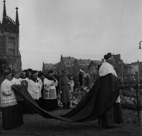 Cardinal von Galen amidst the ruins of Münster’s Cathedral on March 16, 1946, shortly before his death.