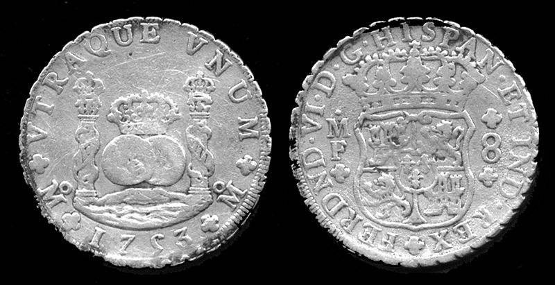 Silver peso Ferdinand VI Coin. This Spanish dollar was the basis of the United States silver dollar.