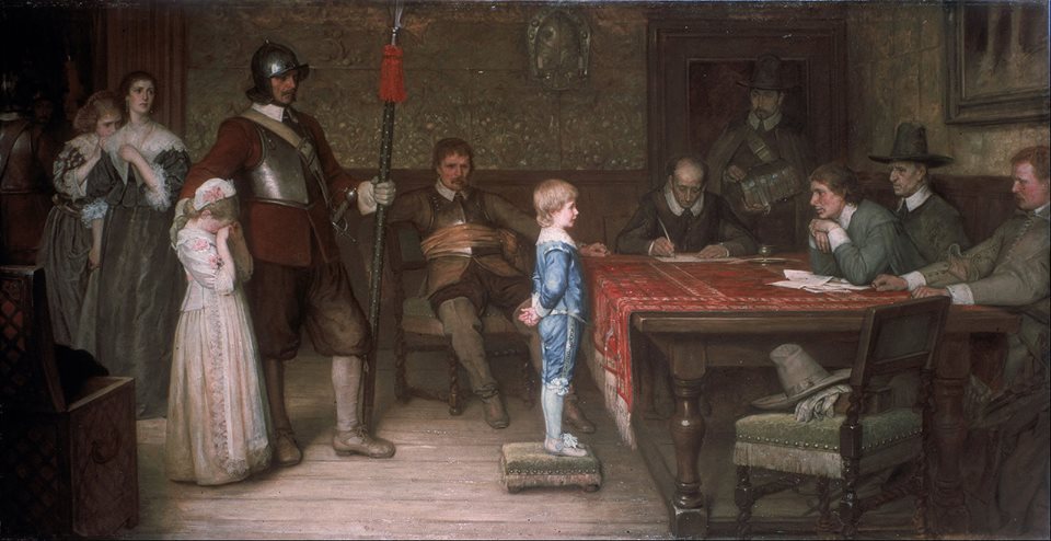 Painting by W. F. Yeames, shows a Royalist family who have been captured by the enemy. The boy is being questioned about the whereabouts of his father by a panel of Parliamentarians.