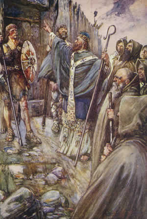Saint Columba, Apostle to the Picts, banging on the gate of Bridei, son of Maelchon, King of Fortriu.