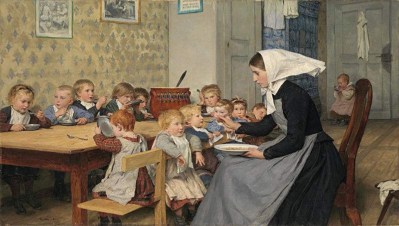 The nursery at the orphanage. Painting by Albert Anker