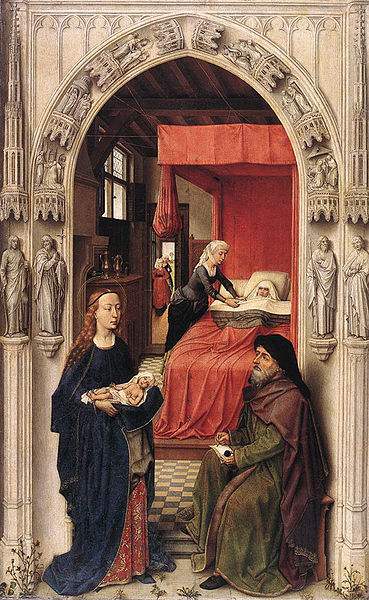 The birth and naming of John the Baptist, painted by Rogier van der Weyden.