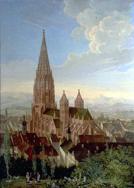 Painting of Freiburger Münster, the Cathedral of of Freiburg im Breisgau, Germany. Painting by Carl Georg Enslen.