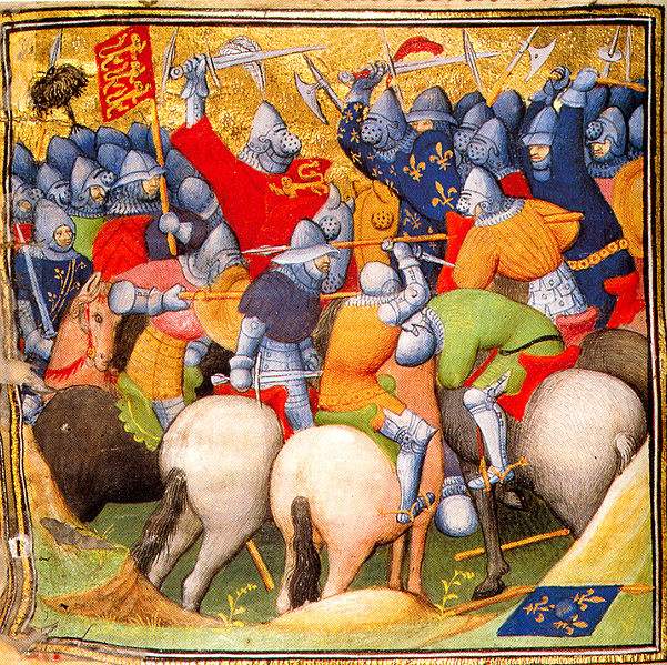 The English fighting the French knights at the Battle of Crécy in 1346.