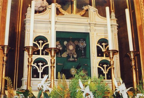 Various relics of Jesuit Saints on the side altar at the Jesuit Church in Madrid, Spain.