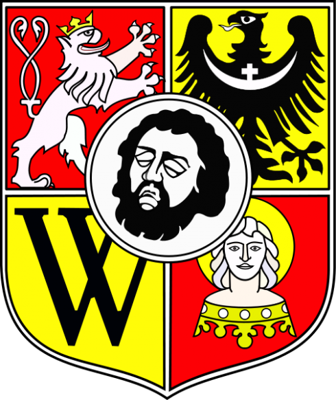The Coat of arms of the City of Wrocław, Poland, which features the severed head of St. John the Baptist, the city's patron Saint.