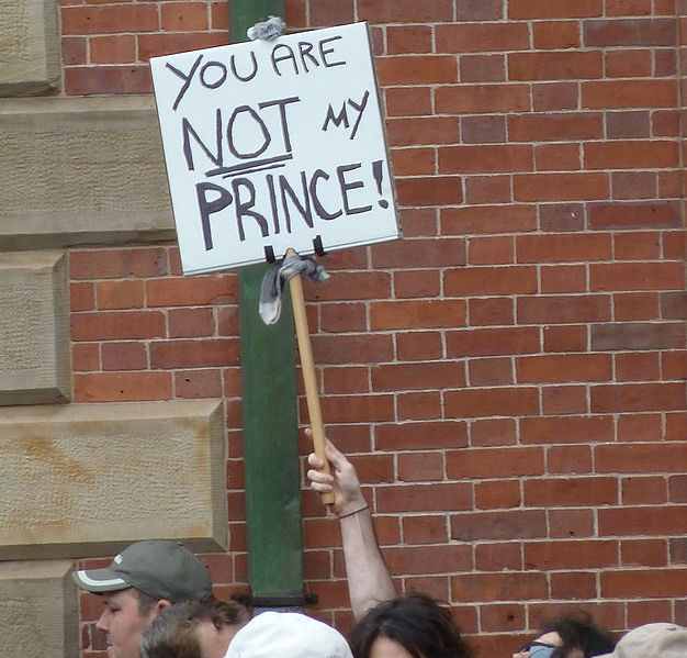 Photo of an Anti-Monarchial protestor by Sara Star, during the 2011 Royal tour of Canada. 