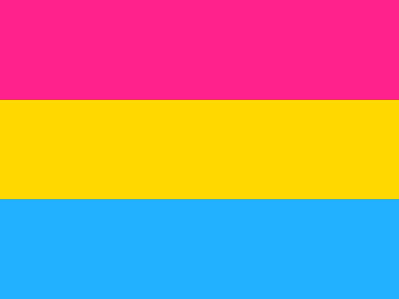 Pansexuality flag or Pansexual pride flag. Three horizontal stripes of color, from the top: pink, yellow, light blue. The blue portion of the flag represents those who identify as male (regardless of biological sex), The pink represents those who identify as female (regardless of biological sex), and the yellow portion, found in between the blue and pink portions, represents those who identify as both genders, neither gender, or a third gender; such as genderqueer and agender. The yellow also represents non-binary attraction between the male and female genders.
