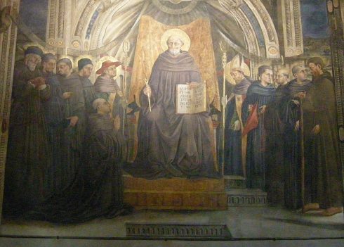 Photo of the Vallumbrosan Order by sailko. Fresco of St. John Gualbert, seated with other Vallombrosians Saints by Neri di Bicci, Santa Trinita in Florence.