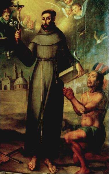 St. Francis Solanus with a native of Tucuman (Anonymous, ca. 1588) (Notice his trademark violin on the ground by his right foot)