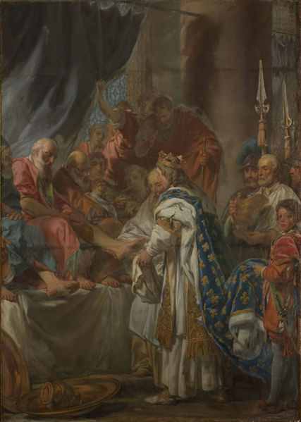 St. Louis washing the feet of the poor. Painting by Louis Jean-Jacques Durameau.