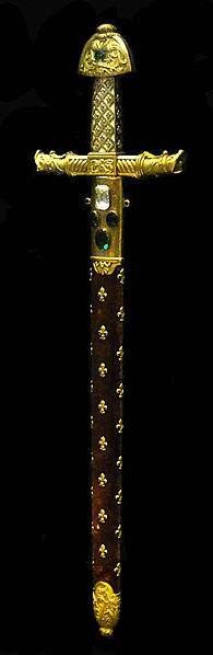 Photo of Joyeuse, the Sword of Charlemagne by P.poschadel. The sword was kept in the Saint Denis Basilica since at least 1505, and it was moved to the Louvre in 1793.
