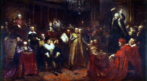 Skarga's Sermon, by Matejko, 1862. Fr. Skarga (standing, right) preaches, while King Sigismund III Vasa sits in the first row, left of center. Painting by Jan Matejko