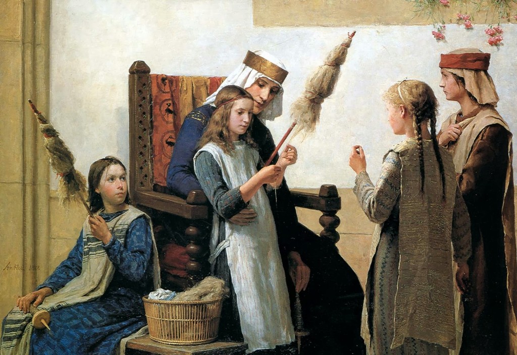 Queen Bertha and spinners. Painting by Albert Anker.