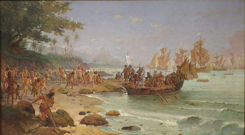 The landing of Pedro Alvares Cabral on the Island of the True Cross (present-day Brazil). He can be seen on the shore (center) standing in front of an armored soldier, who is carrying a banner of the Order of Christ. Painting by Oscar Pereira da Silva.