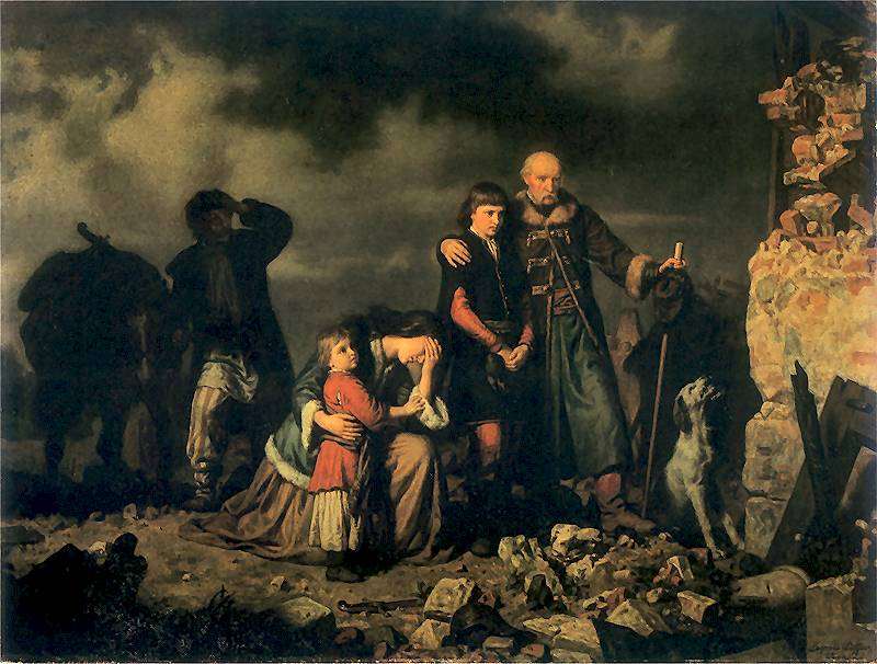 Painting by Leopold Loeffler of a family that lost everything due to war. 