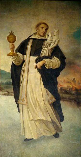 St. Hyacinth carrying the Blessed Sacrament and the statue of Our Lady across the waters.